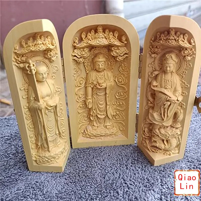 Solid wood carving three open buddha statue collapsible sculpture living room and bedroom decoration modern art
