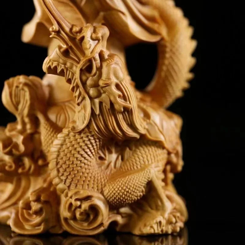 Natural wood dragon guanyin buddha statue traditional hand-carved chinese buddhist figures home living room feng shui
