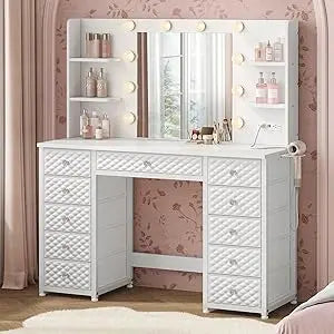 Lighted 11-drawer makeup vanity with power outlet 6-tier storage 43.3’’ desk mirror for dressing - united states / white