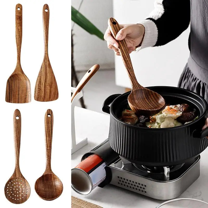 4pcs wooden cooking spoons natural wooden kitchen tableware tool soup spoon colander spoon spatula thin or fork utensils