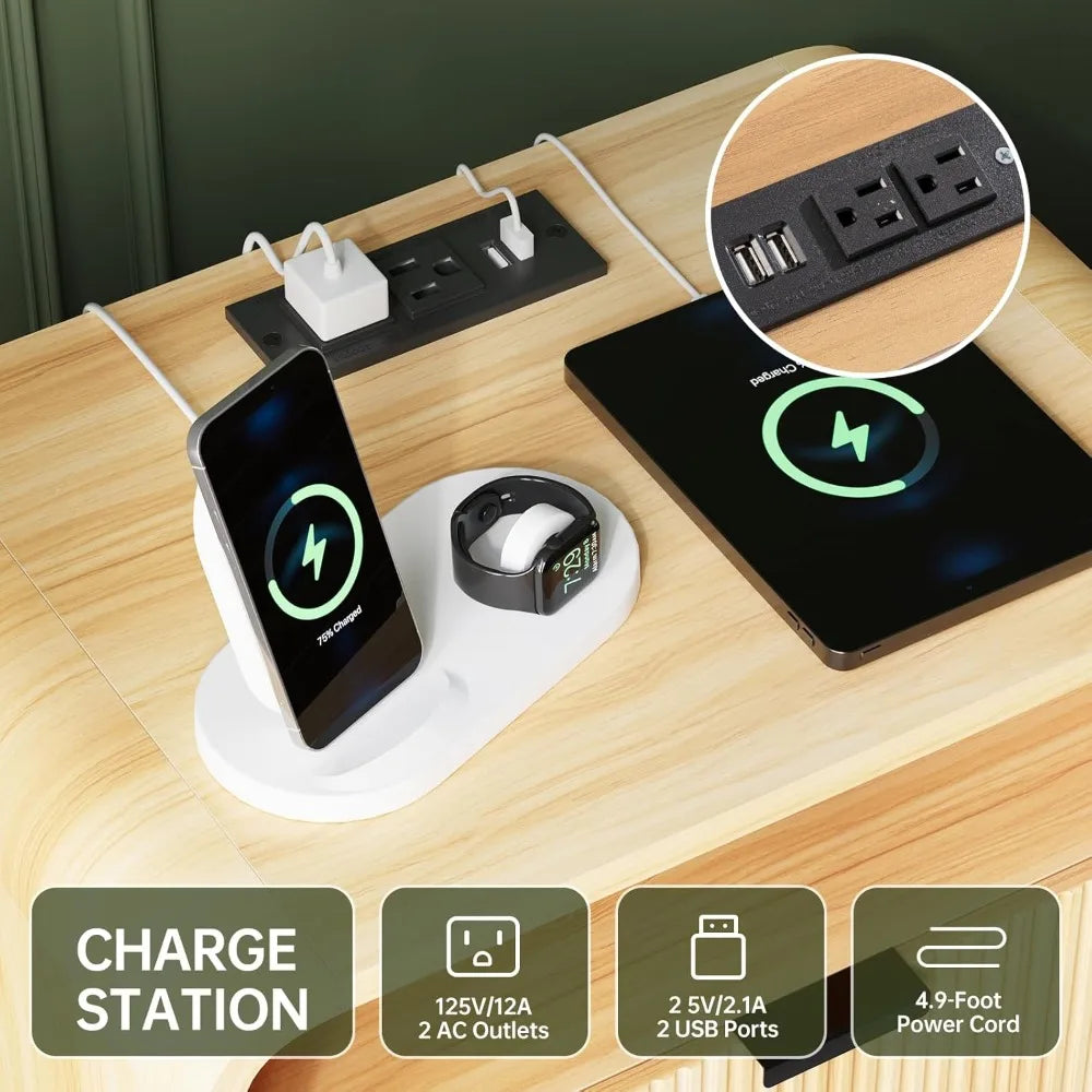 Fluted nightstand with charging station wooden end table 2 drawers storage curved profile design modern bedside cabinet