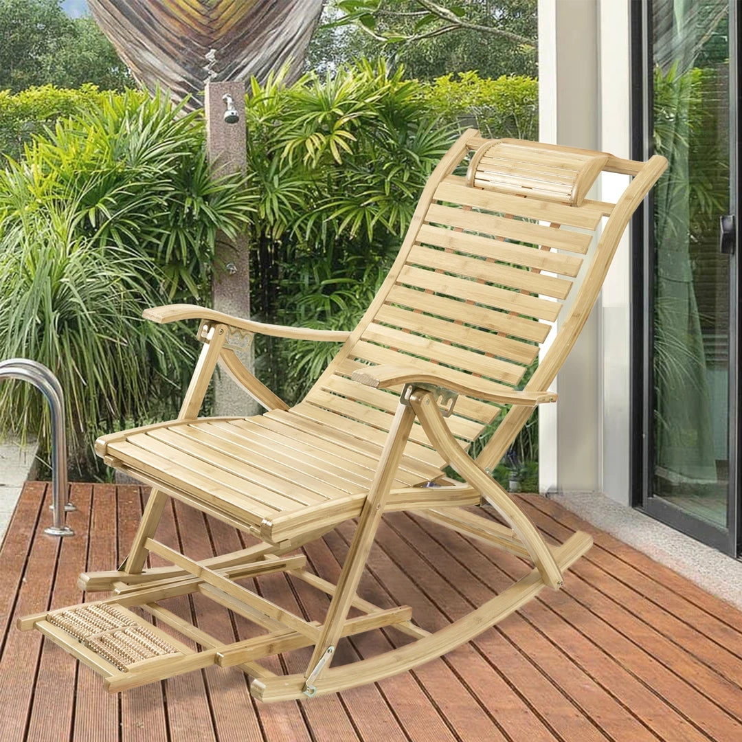 Bamboo folding rocking recliner chair | foot massage & backrest | outdoor beach camping balcony sun lounger with armrest