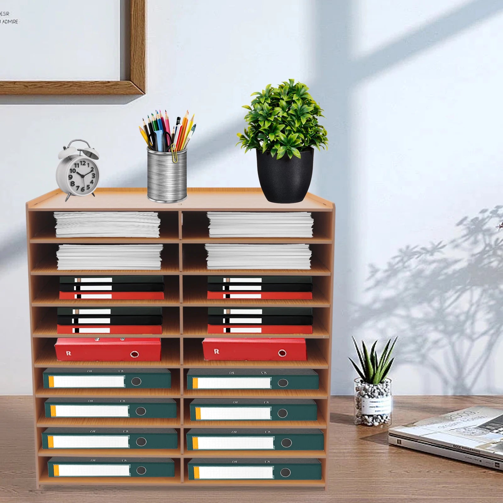 White wood office file literature organizer on desk floor large classroom mailbox center keeper for document storage