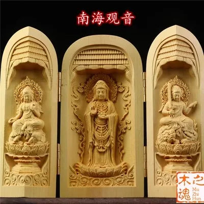 Solid wood carving three open buddha statue collapsible sculpture living room and bedroom decoration modern art - 7