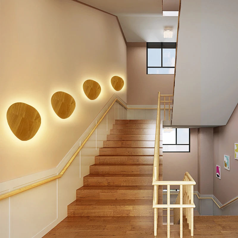 Nordic led wall light modern original circular wooden personalized bedside bedroom staircase hanging