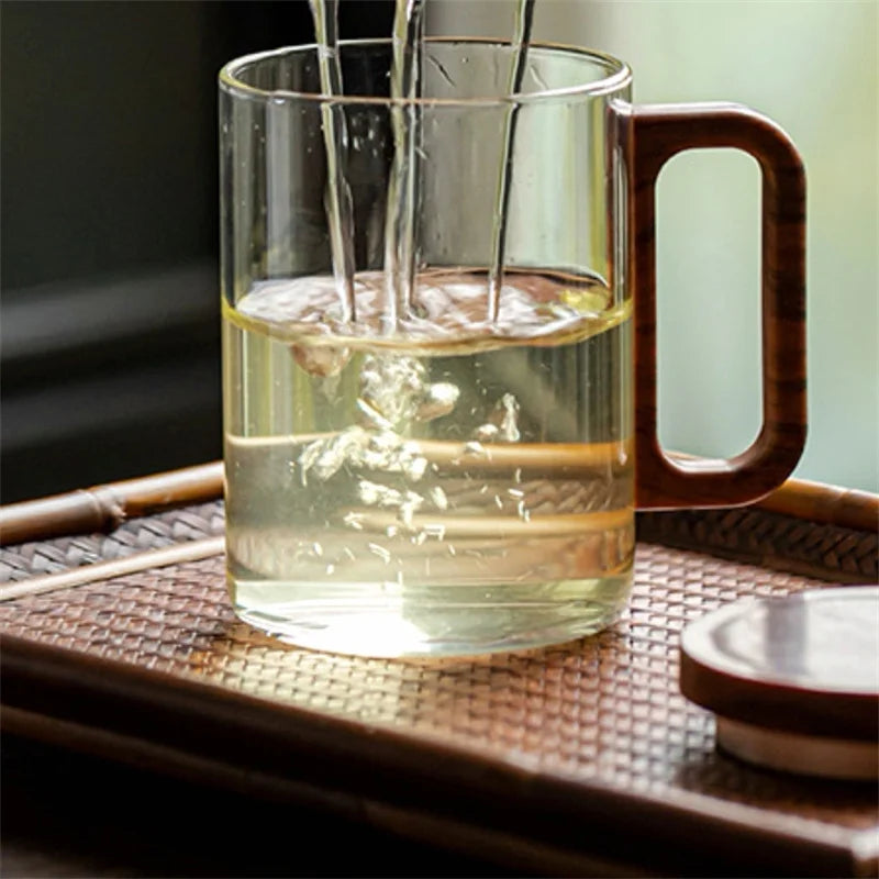 400ml high borosilicate glass coffee mug with walnut wooden handle heat-resistant tea breakfast milk cups and mugs