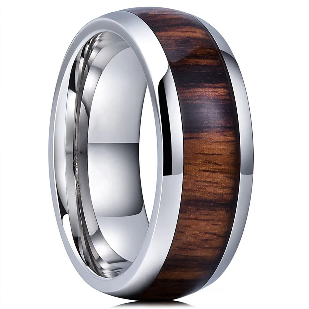 Fashion 8mm rose gold color stainless steel koa wood rings for men inlay colorful abalone shell wedding band jewelry