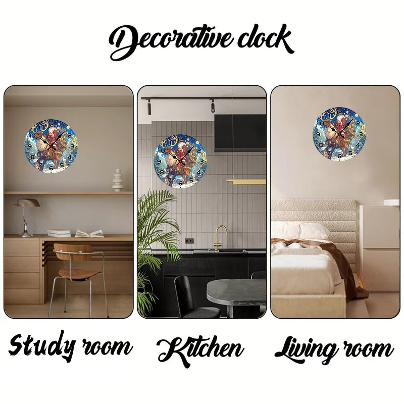 Santa reindeer wooden round silent hanging wall clock suitable for living room office study bedroom home decoration