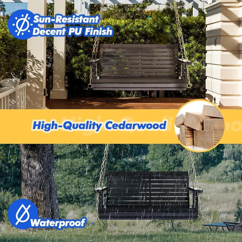 Heavy-duty wooden swing bench for outdoor spaces 880lbs capacity with hanging chains garden and patio relaxation