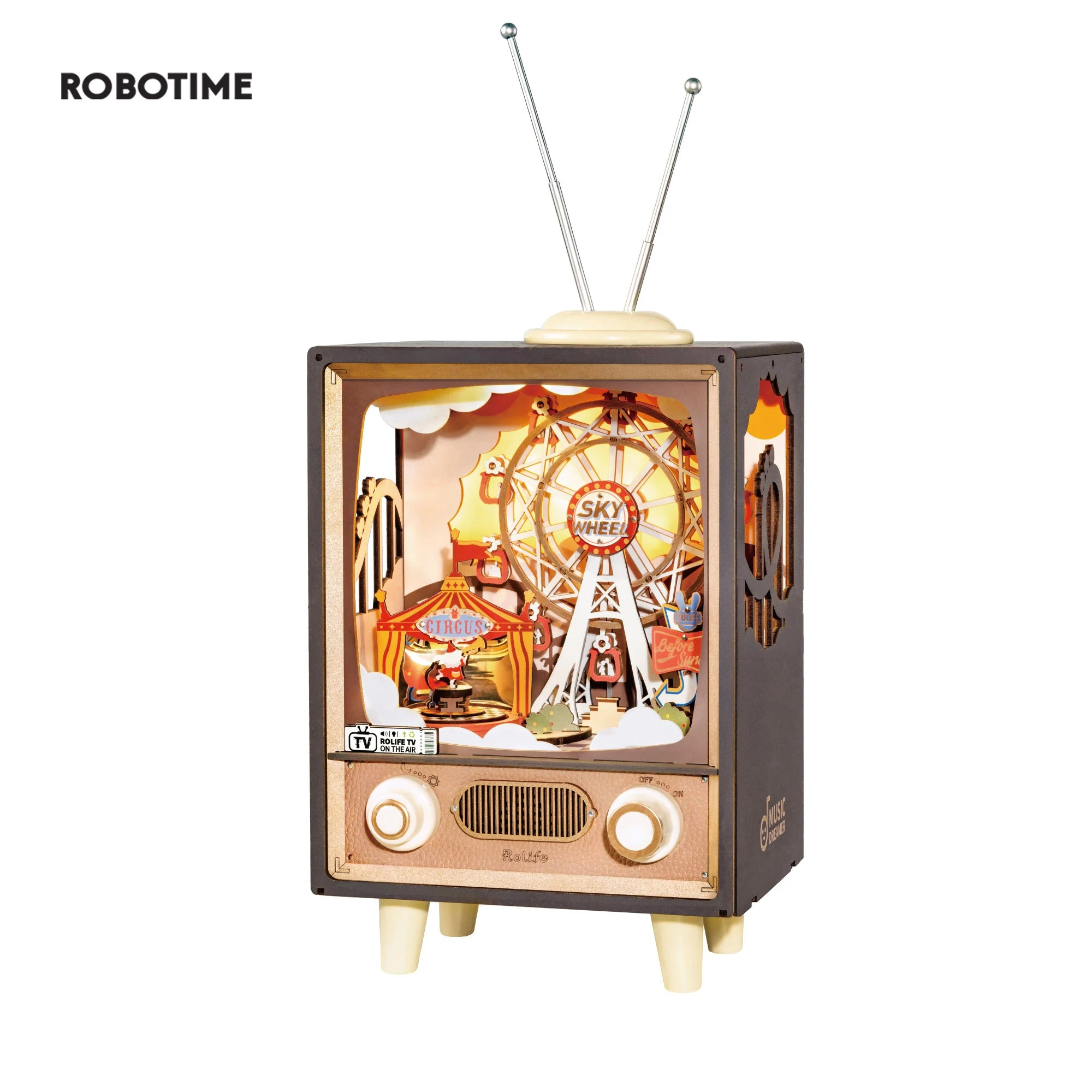 Robotime rolife sunset carnival 3d wooden puzzle music box with lights ferris wheel design home decor luxurious toy