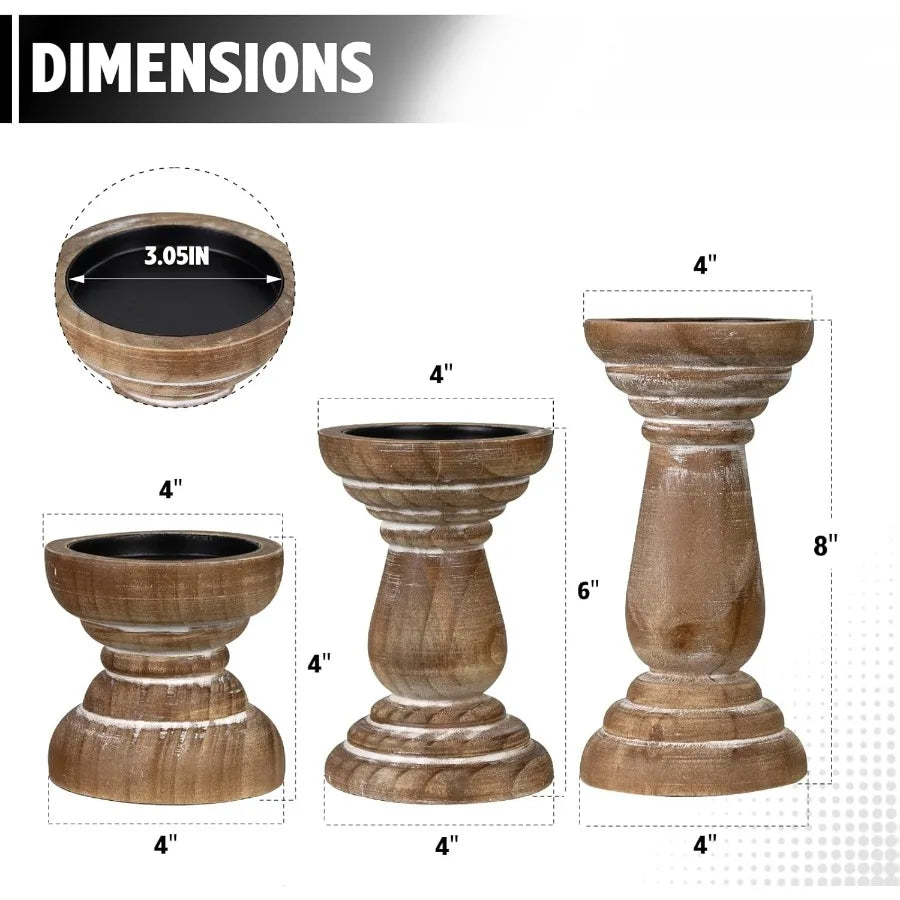 Candle holder for pillar set of 3 farmhouse wood rustic wooden stand vintage small candlesti - united states