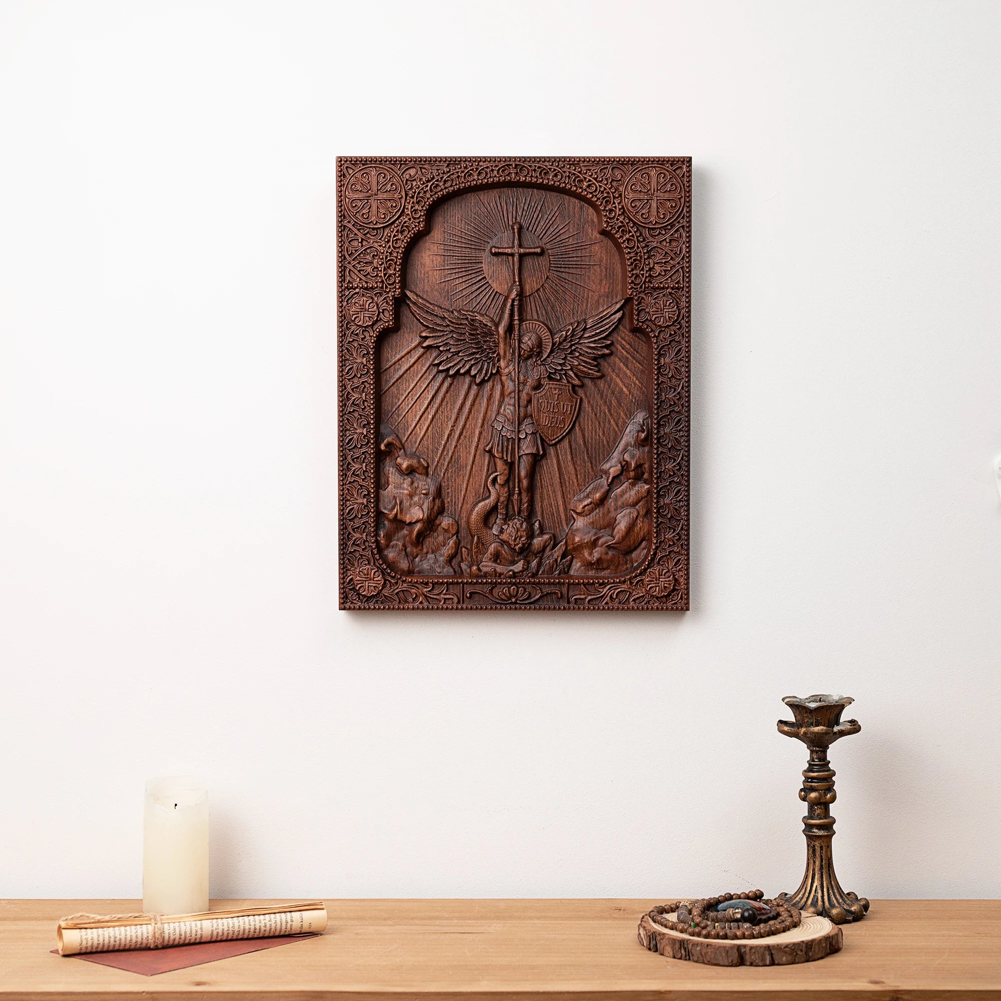 Archangel michael square wooden icon guardian angel statue religious home church wall decor christian artwork