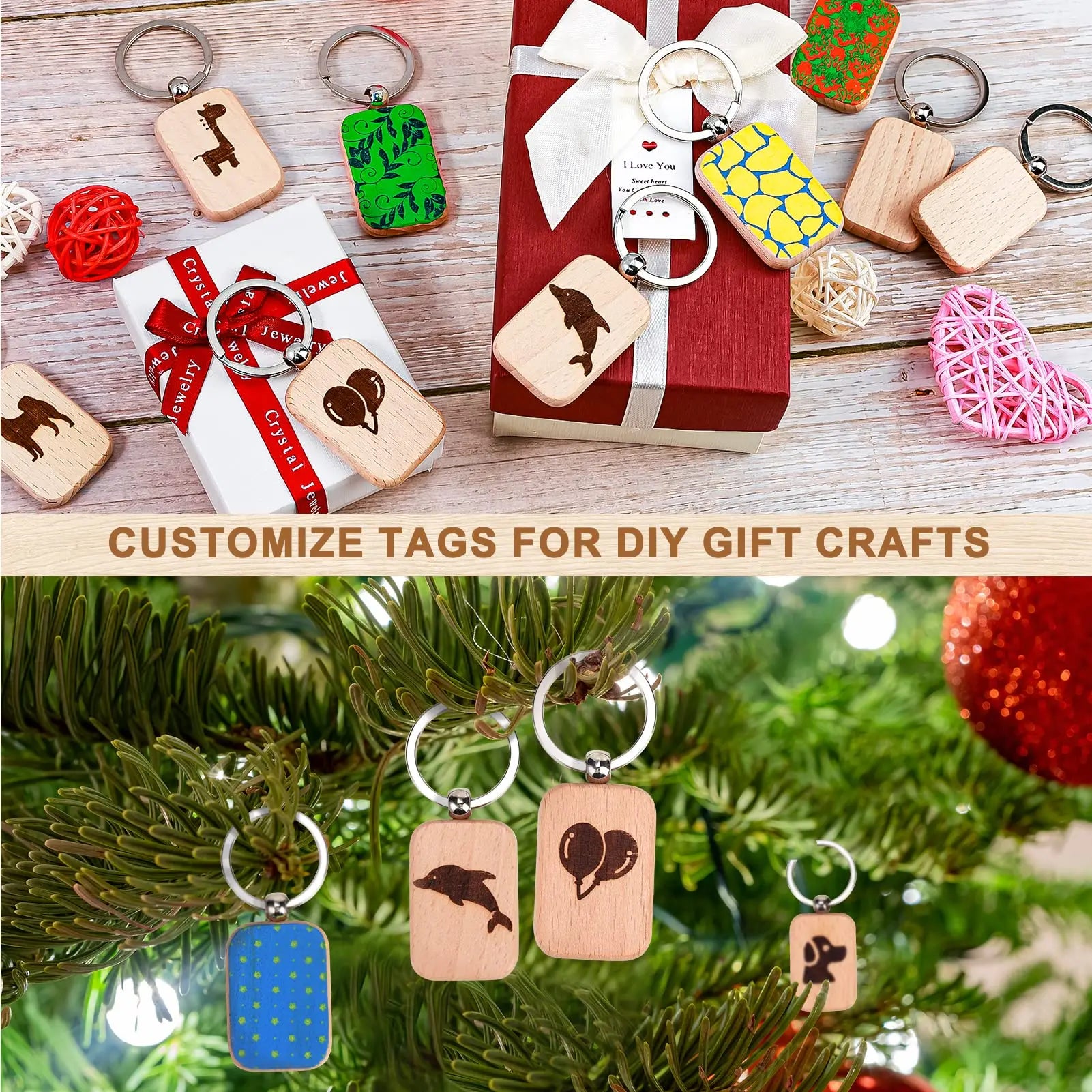 150pcs blank wooden carving key label with loop keychain keytag for diy gift - rectangular / 150 pieces - chain