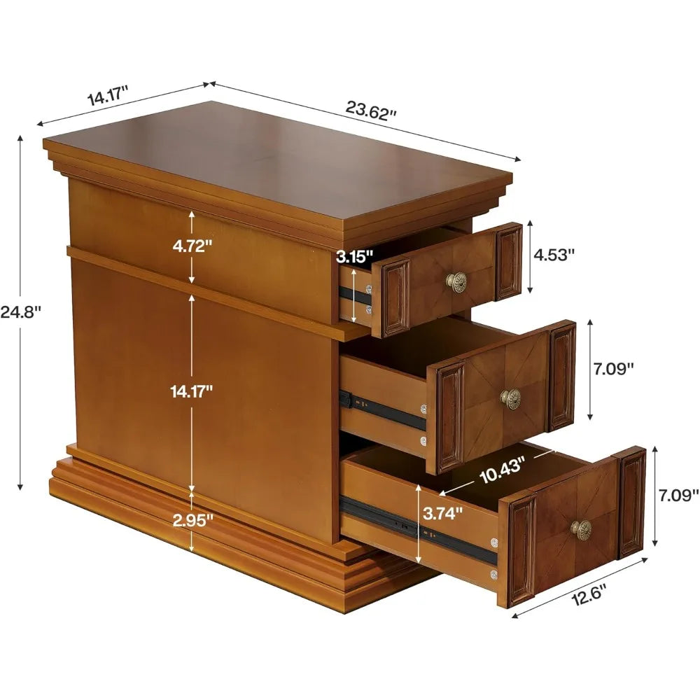 Vintage 3-drawer narrow end table slim rectangular wooden bedside furniture for living room