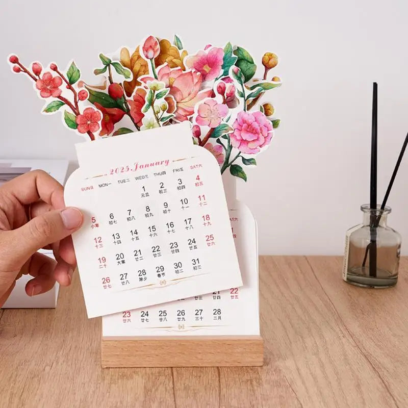 Bloomy flower desk calendar wooden frame creative mini decorative ornaments notebook supplies 2025