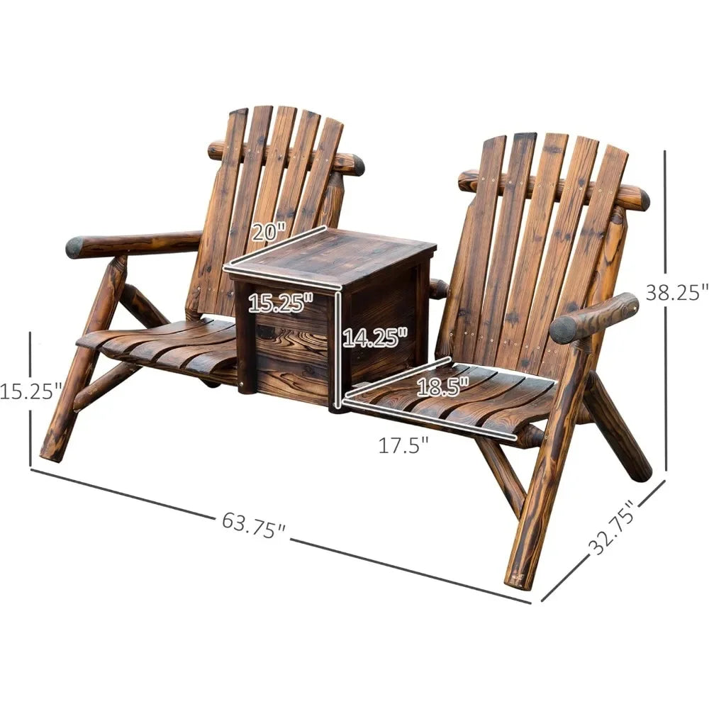 Double wooden adirondack chair with built-in ice bucket. Outdoor loveseat high backrest for patio garden & poolside.