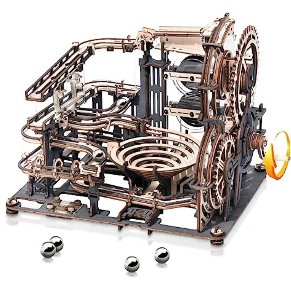 Robotime marble spaceport 3d wooden puzzle motor driven mechanical model kits with balls automatic manual modle