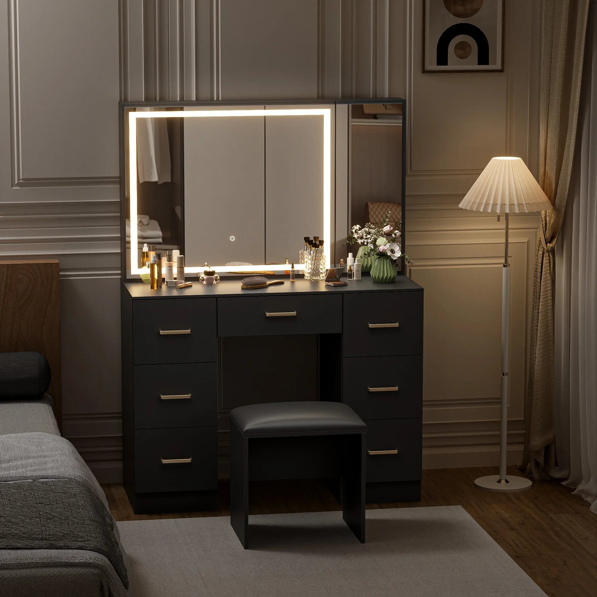 Wooden dressing table with stool/7 drawers/mirror/adjustable brightness suitable for makeup bedroom home room