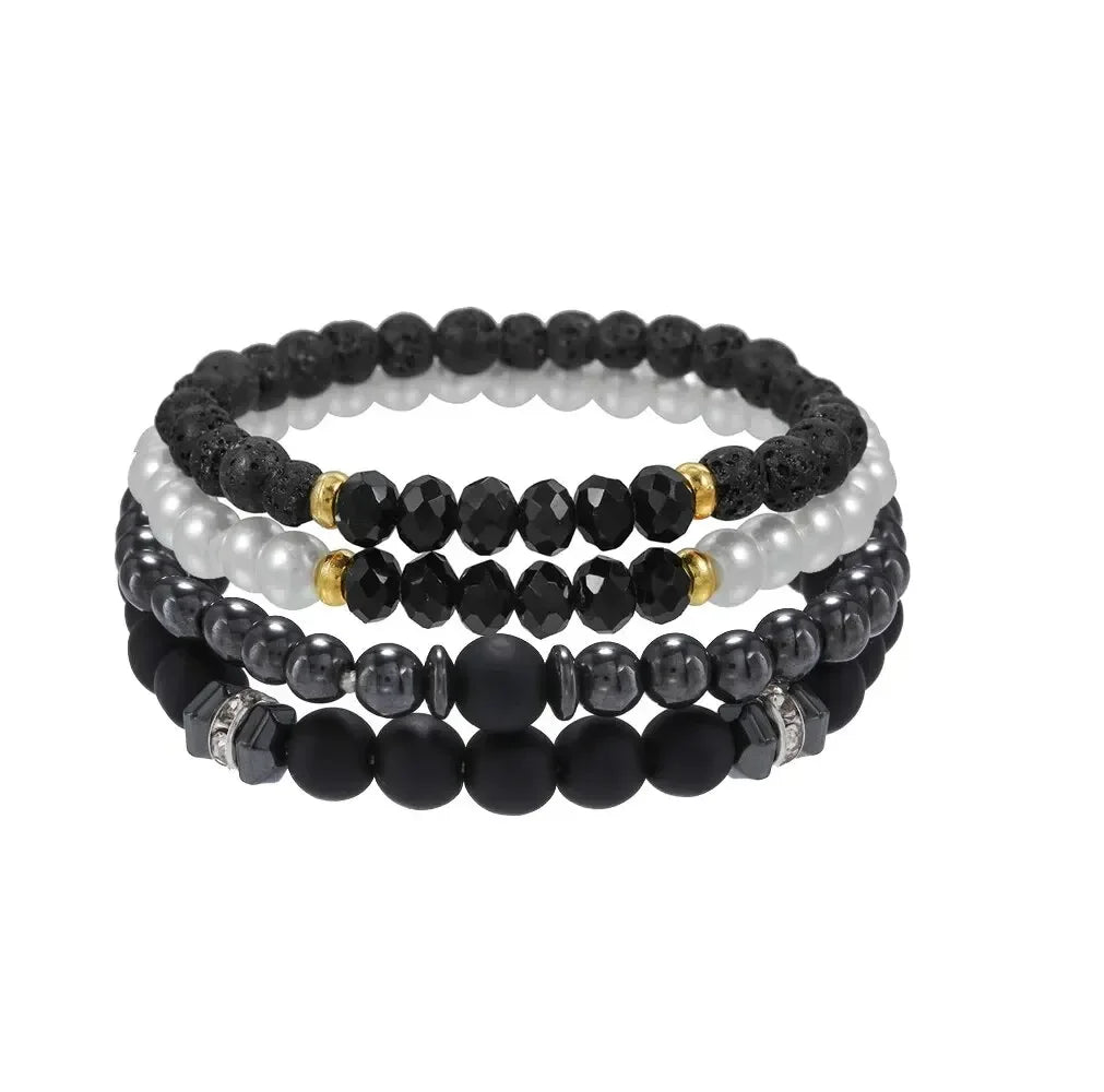 4pcs/set black gall stone volcanic wood beads multi-layer men’s combination elastic bracelet for couple friends jewelry