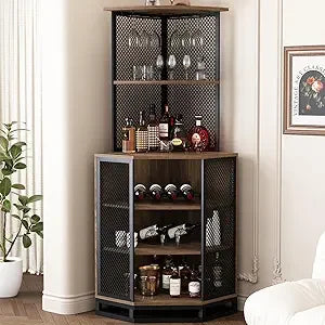 Tall corner bar cabinet large wood and metal liquor with wine rack adjustble shelf storage, - rustic oak / united states