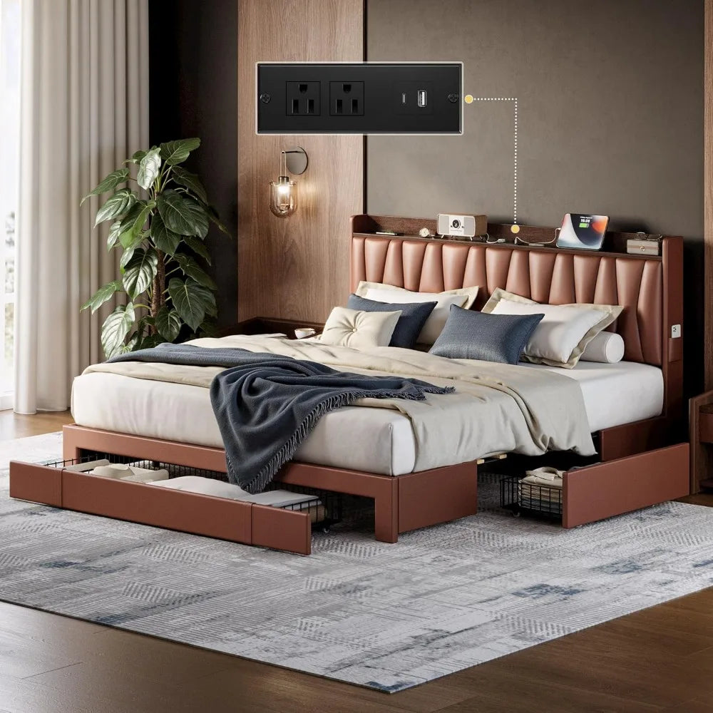 Frame with 3 storage drawers headbord charging station platform bed for bedroom living - united states