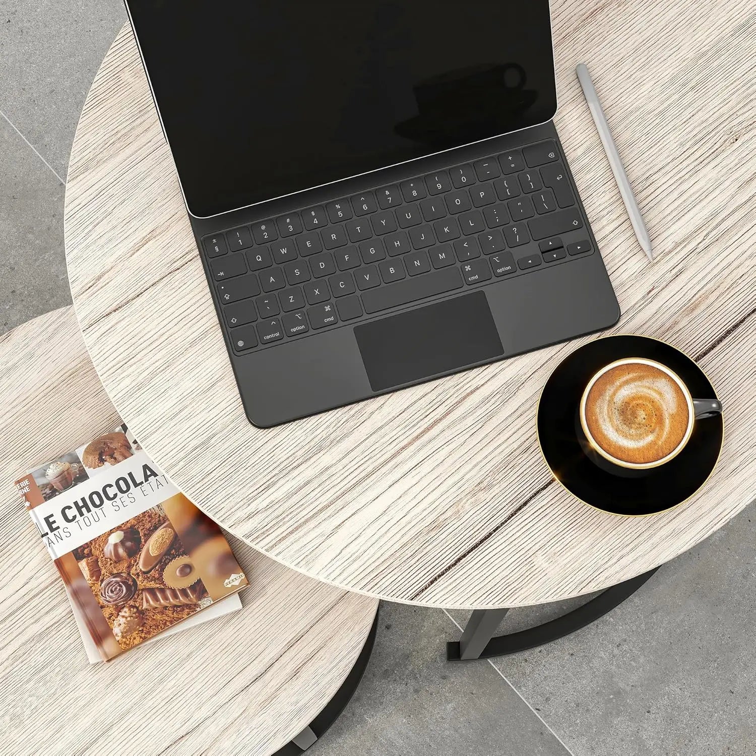 2-piece round nesting coffee table set | black & white oak metal frame wood top | sturdy durable easy assembly (no