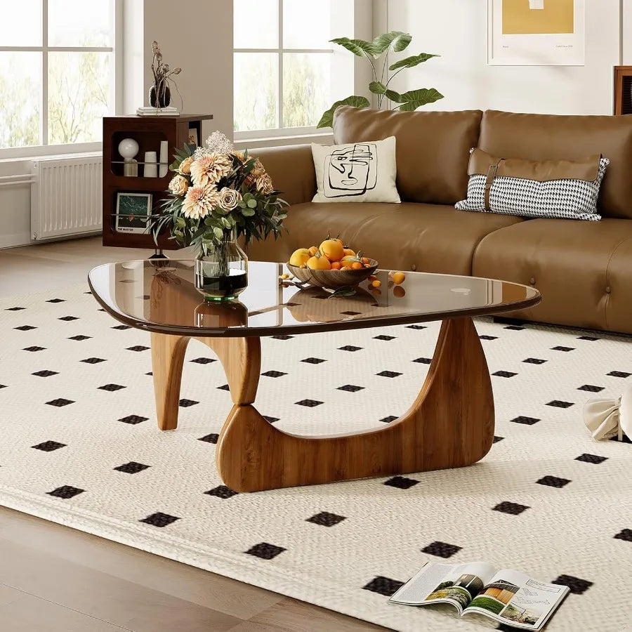 Coffee table for living room mid century modern center with glass top and oak wood brown walnut - united states