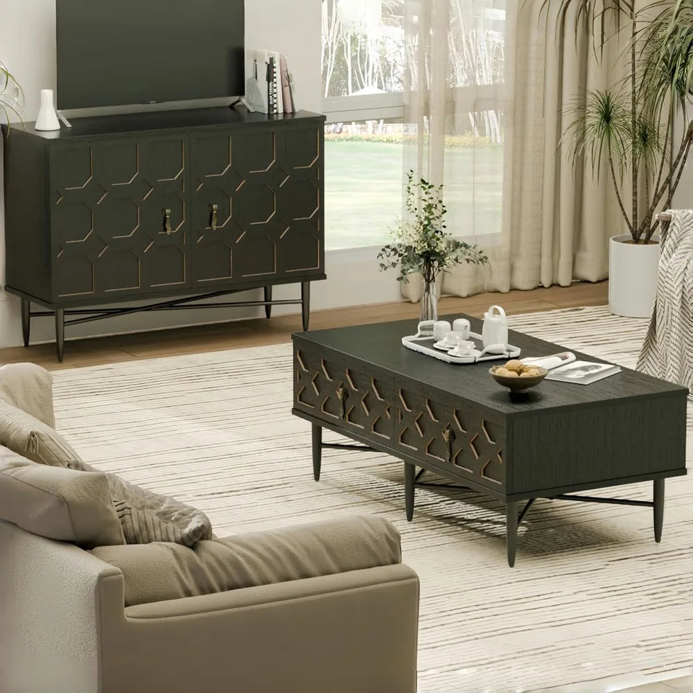 Mid century modern coffee table carved decorative center tea fluted wooden with storage for living