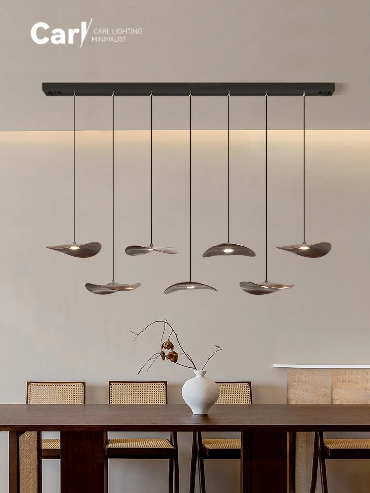 Solid wood walnut color leaf multi-head combination chandelier living room main lamp restaurant wabi-sabi retro style