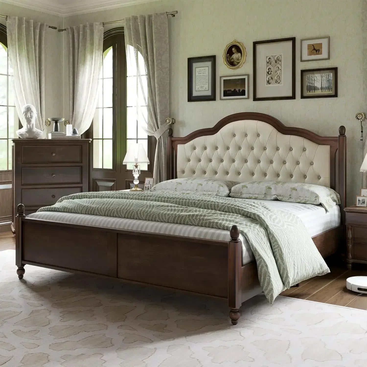 King size solid wood bed frame transitional platform with 52.5’’ upholstered tufted headboard rubberwood - united states