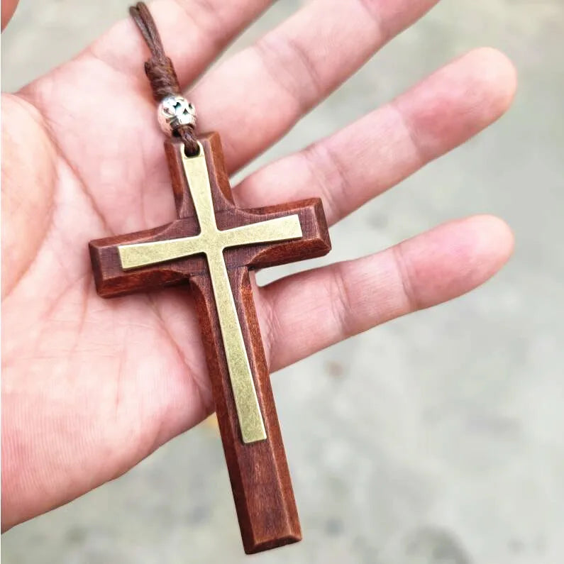 Retro artistic wooden cross nelace korean faion pendant long men’s sweater chain hanging decoration ex version - strong