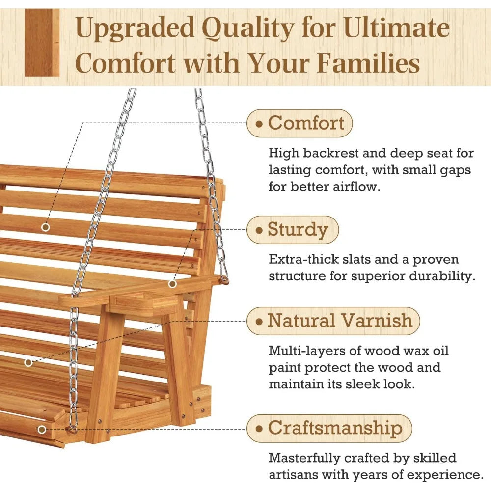 Wooden porch swing with cup holders and chains 880 lbs capacity outdoor chair bench for courtyard patio - united states