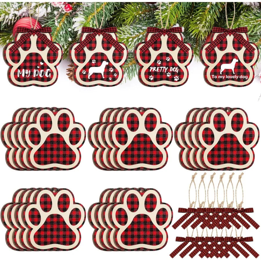 Christmas dog paw wooden ornaments for tree print hanging decoration with bow ties ropes holiday f - united states