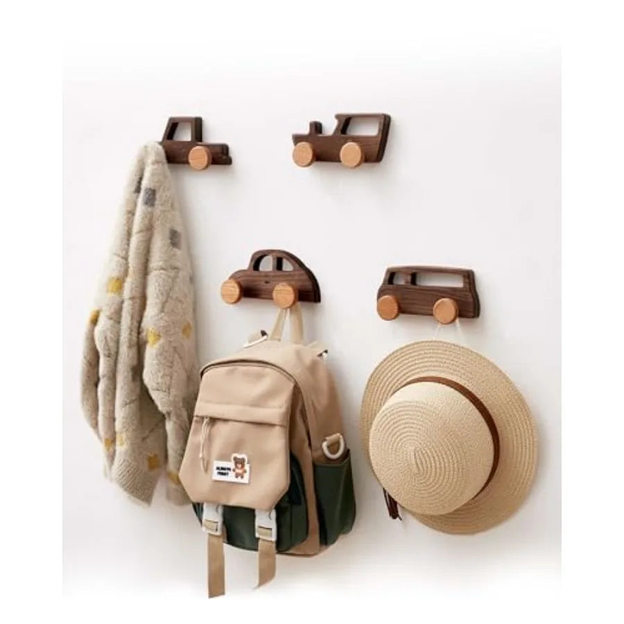 Heavy duty walnut carshaped wall mount coat hooks for room bathroom nursery entryway door 4 pack wooden ideal hanging
