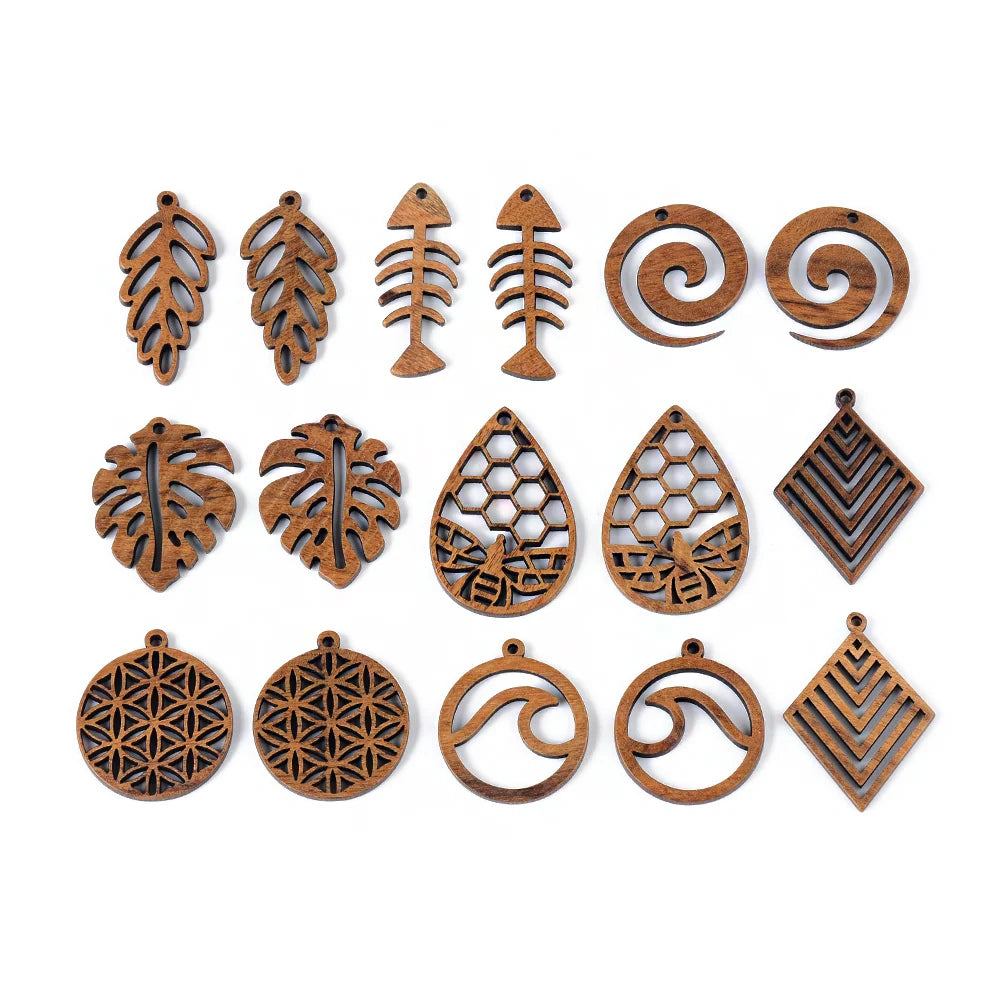 6pc/lot fish/flower shape wood pendant resin plate pendants jewelry accessory handmade connector diy earring component