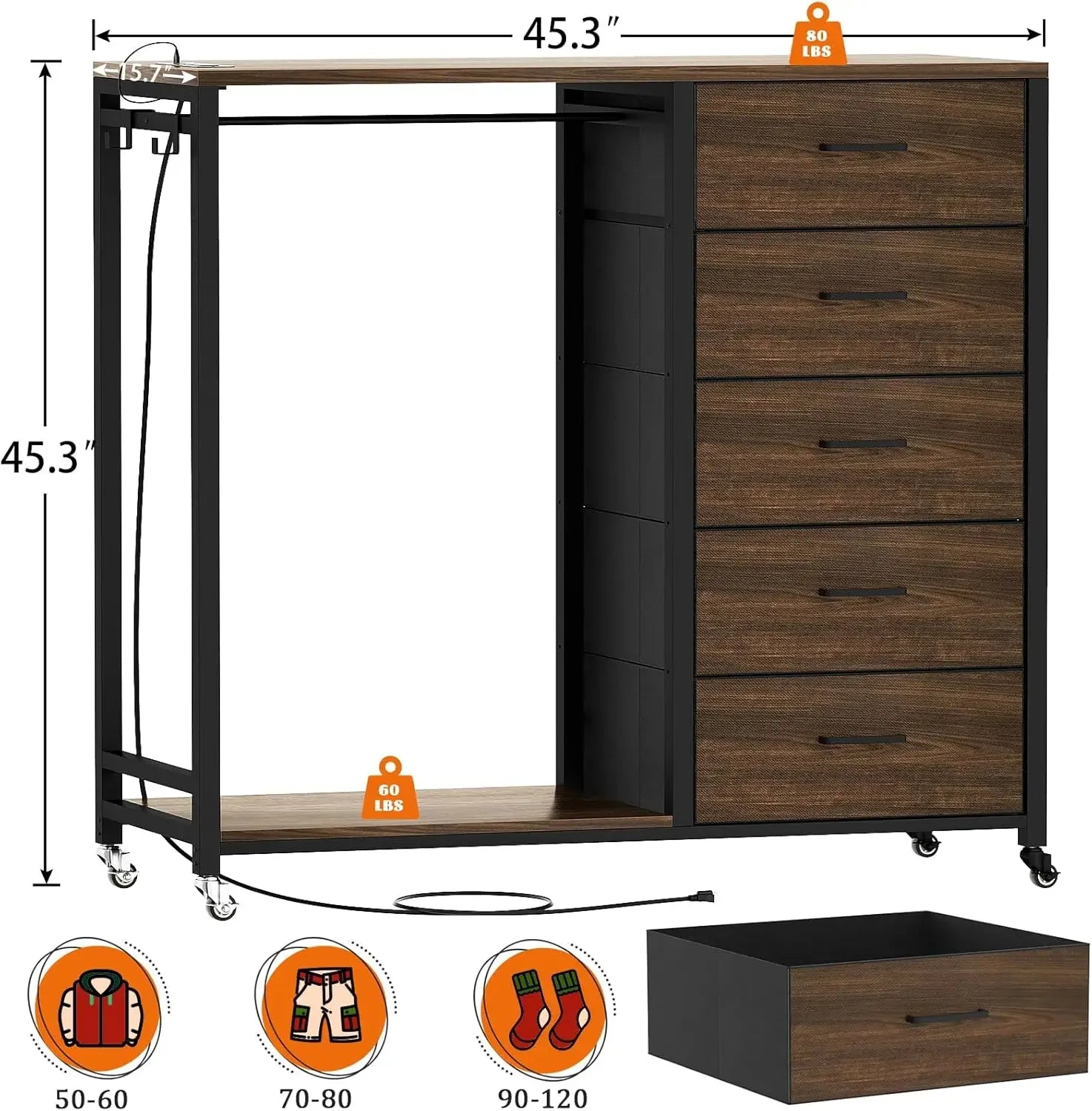 Dresser for bedroom with clothes rack 5 drawers charging station & led lights storage chest of red oak - united states