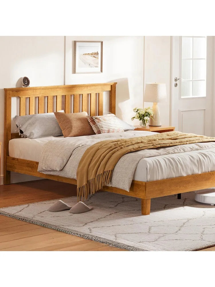 Wood full size bed frame solid platform with headboard wooden slat support no box spr - united states / rustic pine