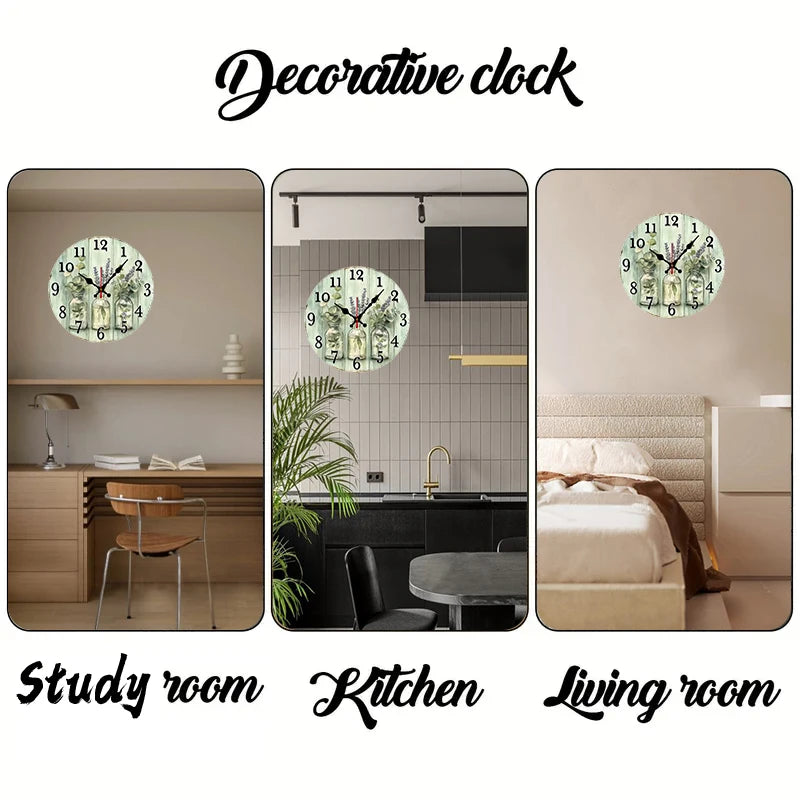 Fresh vase wooden round silent hanging wall clock suitable for living room office study bedroom home decoration