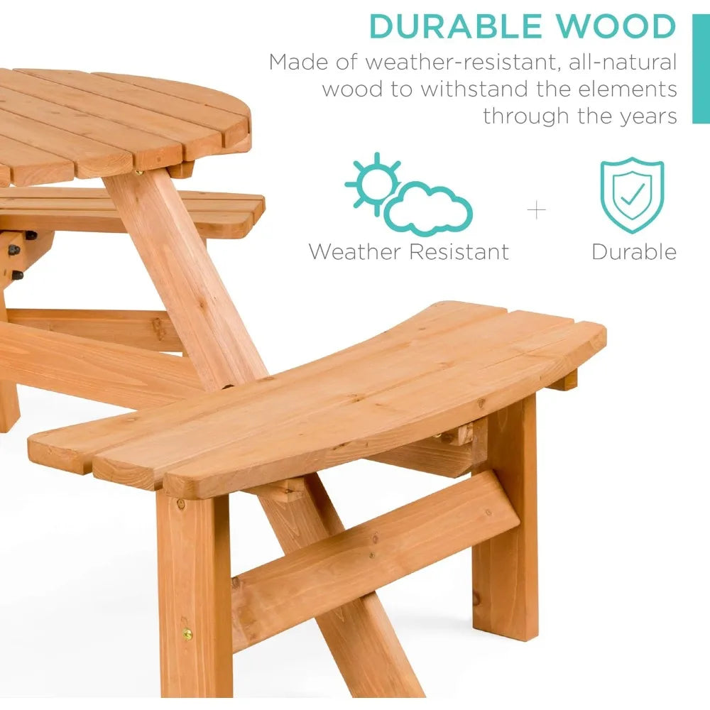 6-person circular wooden picnic table with built-in benches for outdoor patio backyard garden use - united states