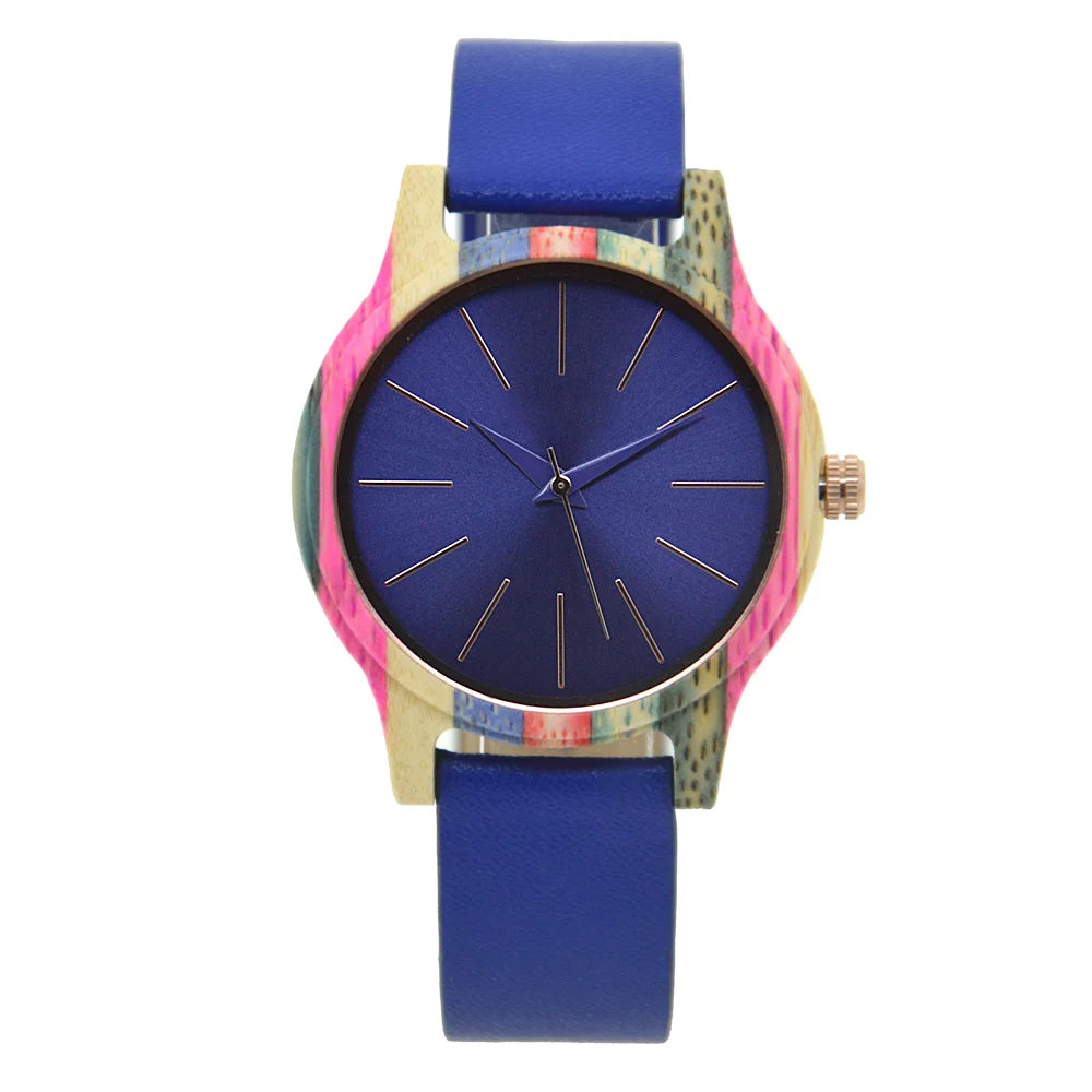 Mens womens 40mm big neutral colouful bamboo wooden watch unisex japan analog quartz leather strap casual watches - 139