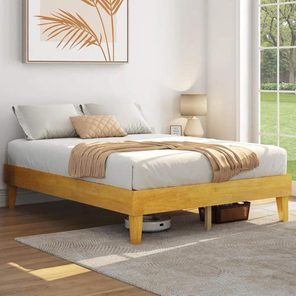 Bed frame natural solid wood platform with wooden slats support 12-inch underbed space for storage noise-free design