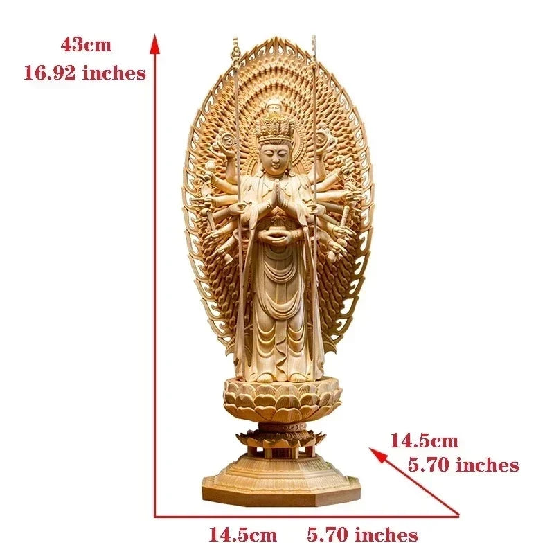 High quality large solid wood guanyin buddha statue,thousand-hand home decor sculpture - 43cm - religious (buddhist)