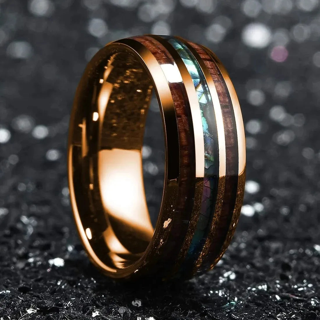 Fashion 8mm rose gold color stainless steel koa wood rings for men inlay colorful abalone shell wedding band jewelry