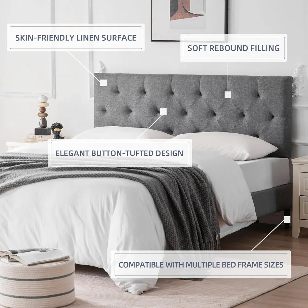 Upholstered headboard king size modern diamond tufting solid wood cali only adjustable height from 37” to - lightgray