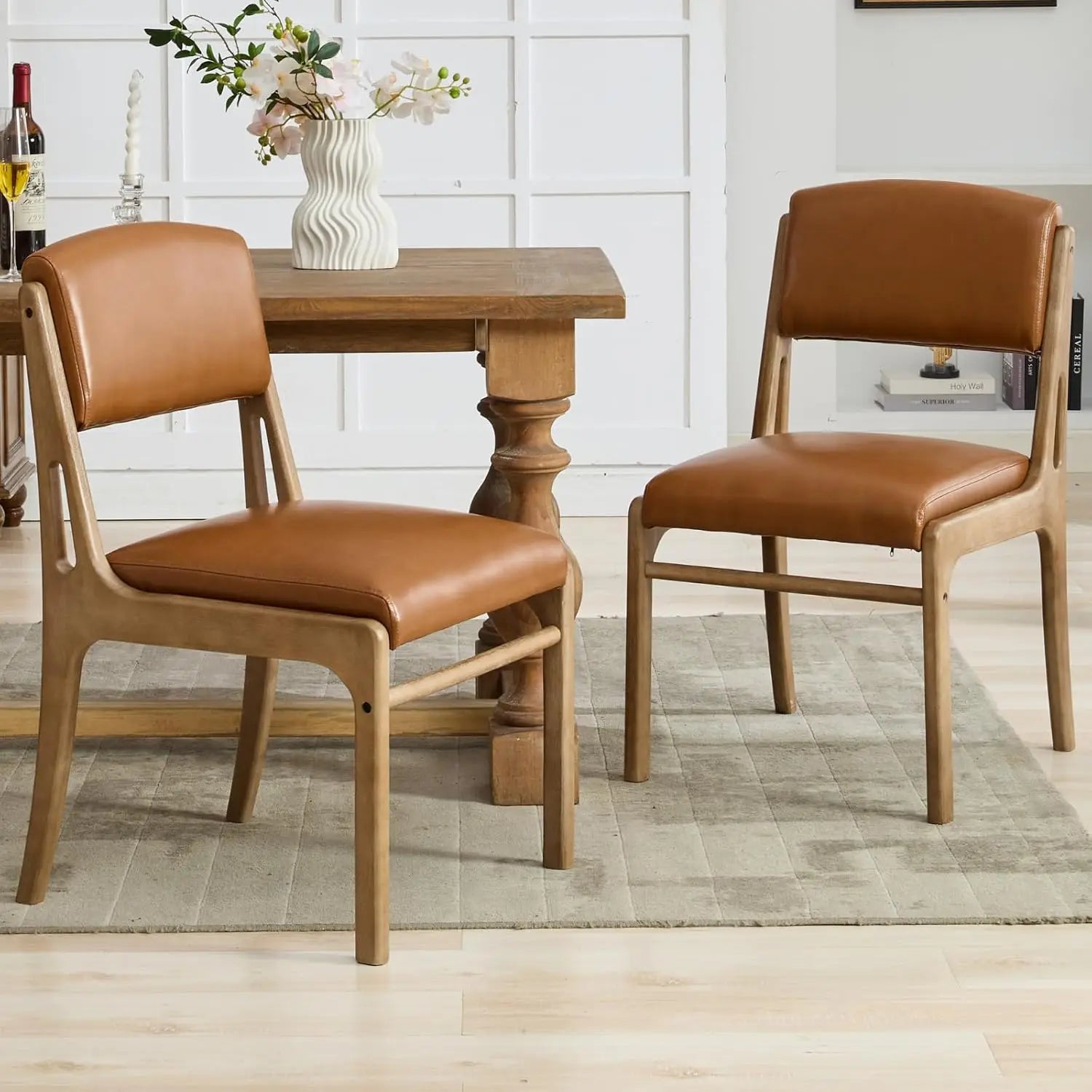 Pu leather dining room chairs set of 2 upholstered open backrest kitchen with light coffee solid wood legs modern side