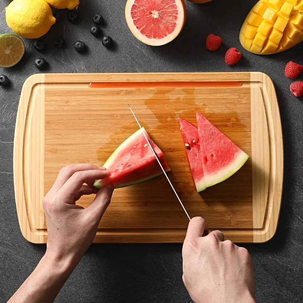 Large wooden cutting board for kitchen meal prep & serving - bamboo boards with juice groove side handles charcuterie