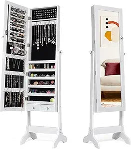 Large wooden mirrored jewelry box with adjustable angles and ample storage capacity - united states / white