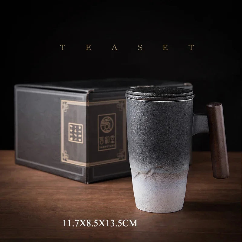 Luxury ceramic bubble tea cup vintage large thermal coffee mug breakfast cups beer tableware wooden handle personalized