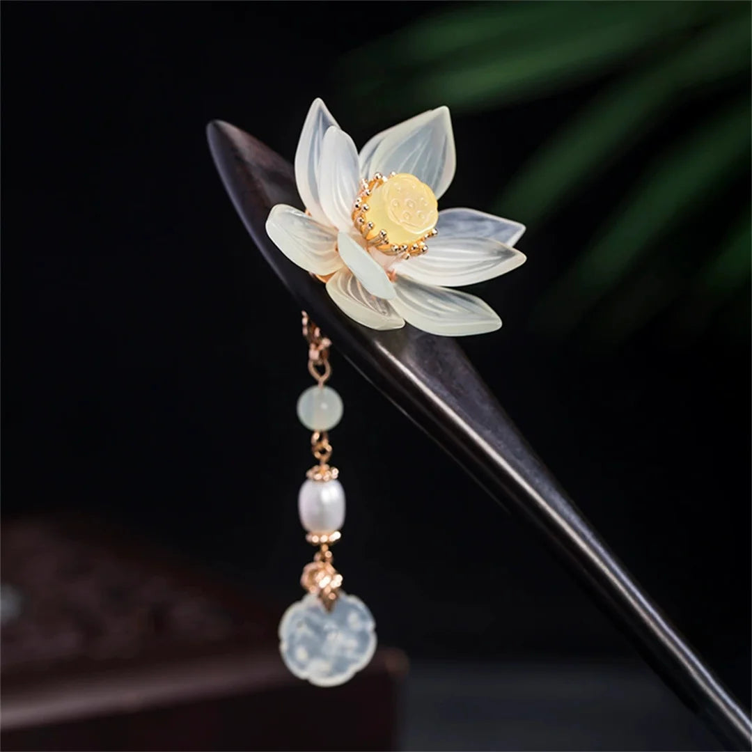 S925 pure silver women’s men hairpin retro ebony wood jade lotus flower blossom chinese style hanfu hair accessories