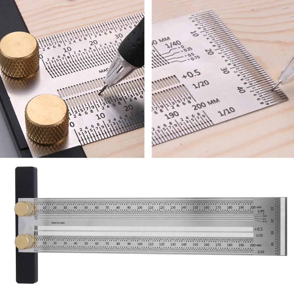 Stainless steel t type hole ruler scribing gauge woodworking marking tool with automatic pencil - 1011190231411